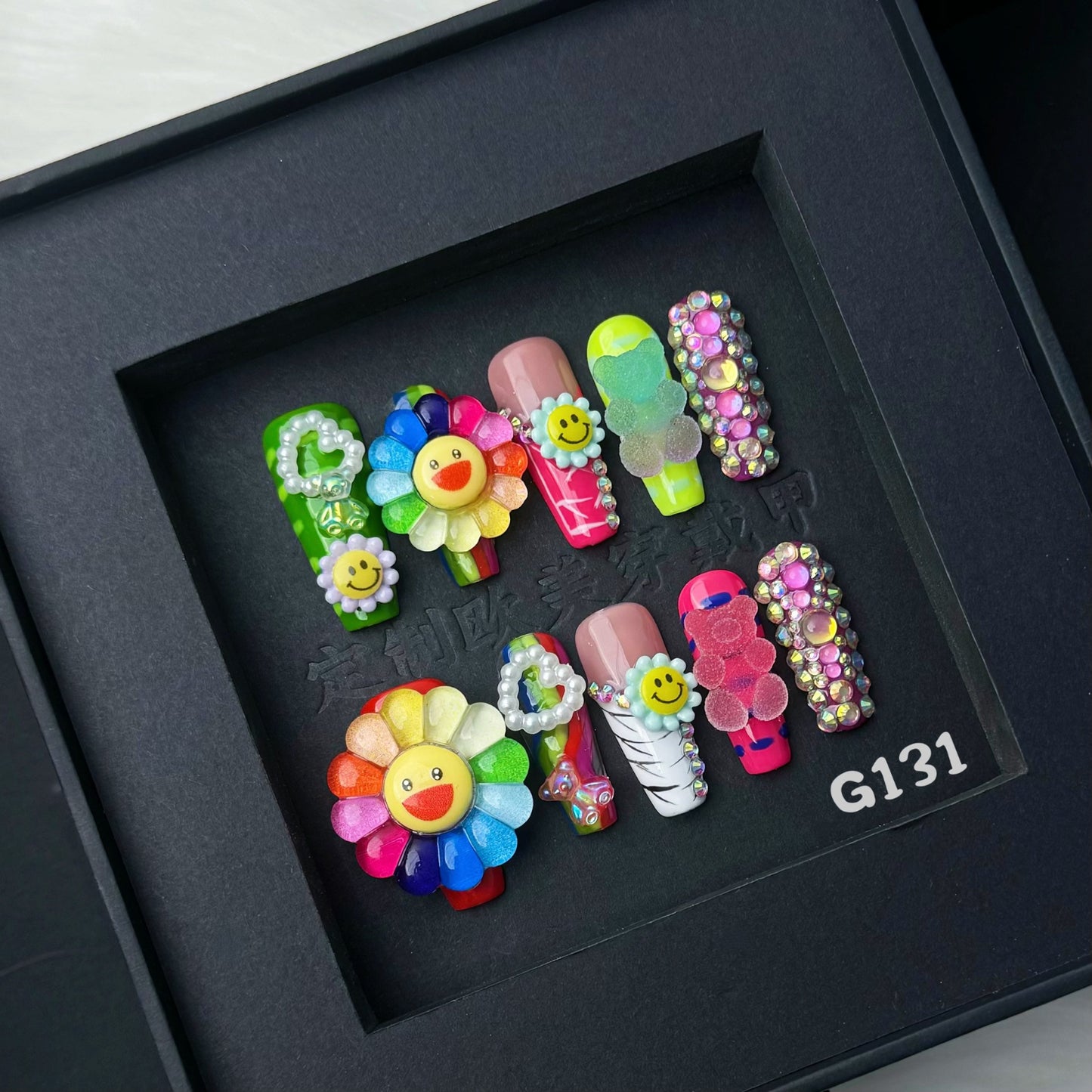 Colorful nails with Zebra-stripe Design,Sun Flower & Heart & Bear Charms,Glitter,CY