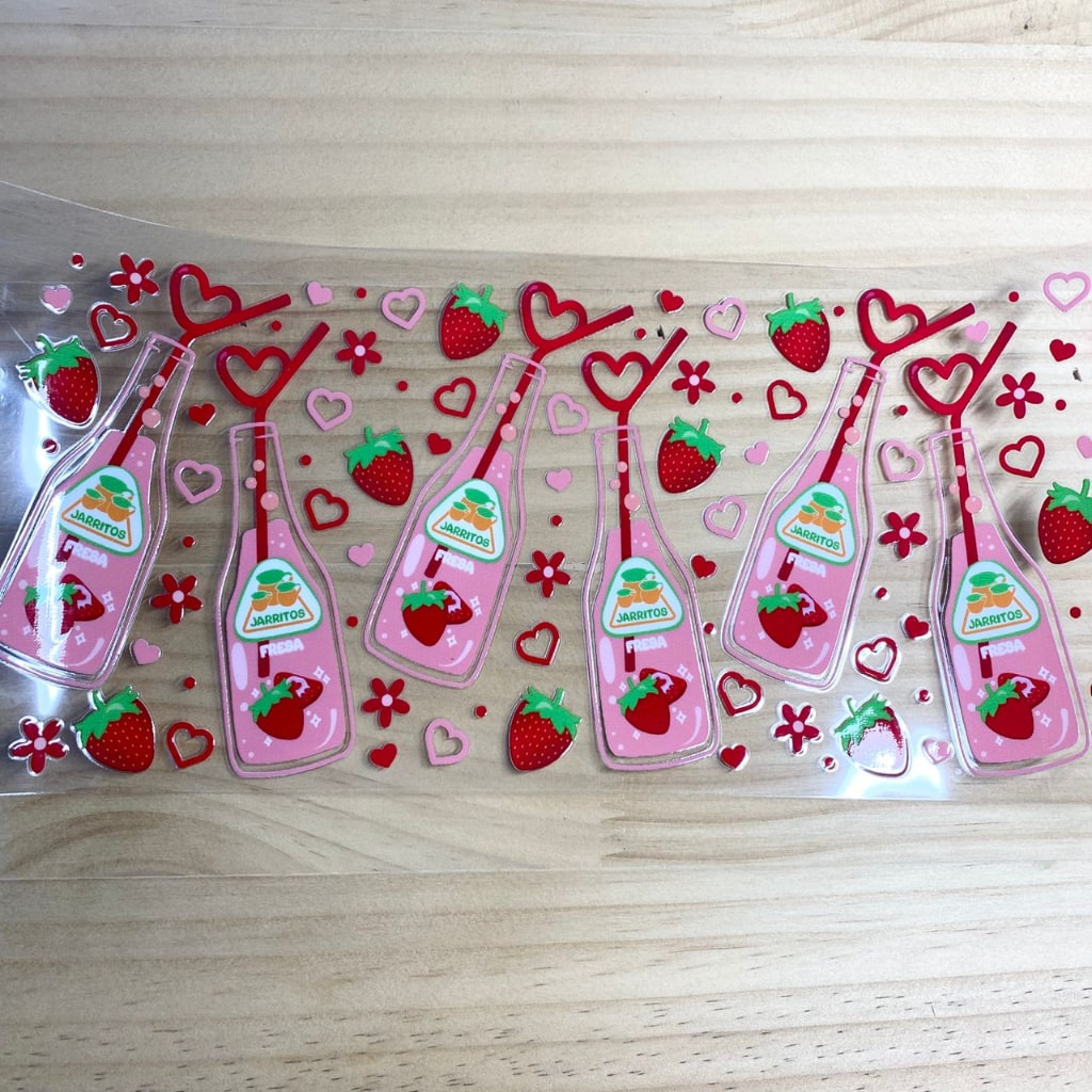 16oz UVDTF Cup Wraps, Strawberry Drinking