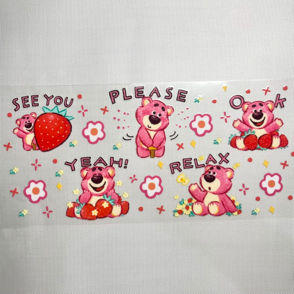 16oz UVDTF Cup Wraps,Cartoon,Toy Story Strawberry Bear, Lotso