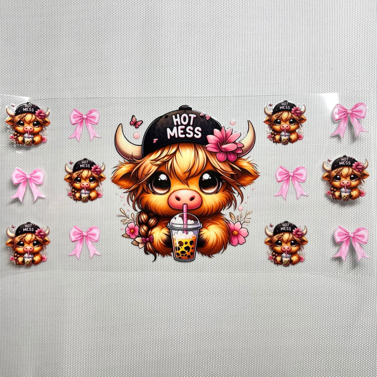 16oz UVDTF Cup Wraps, Cartoon , Cow with Bubble Tea