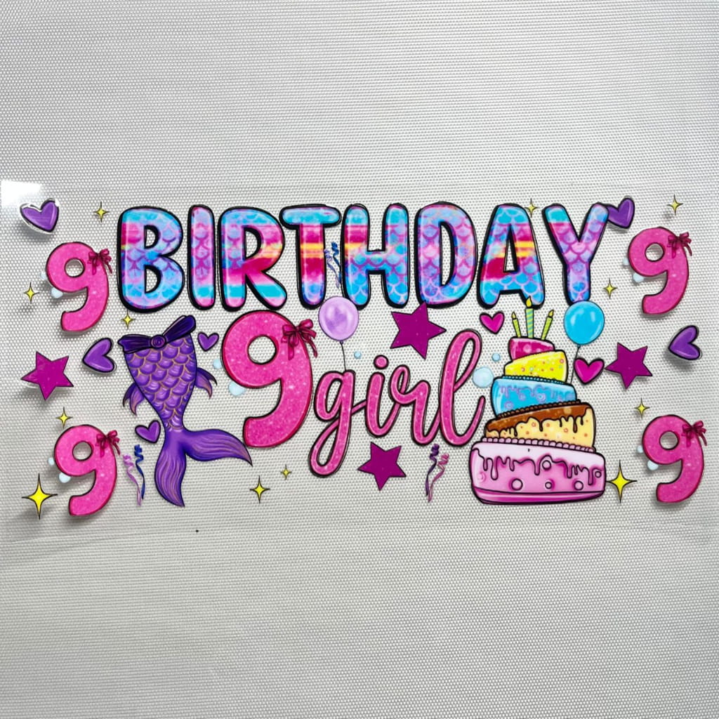 16oz UVDTF Cup Wraps, Cartoon ,Mermaid Happy Birthday Girl ,Age 1- 9