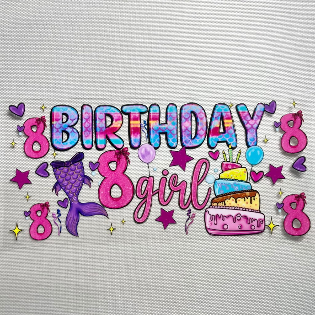 16oz UVDTF Cup Wraps, Cartoon ,Mermaid Happy Birthday Girl ,Age 1- 9