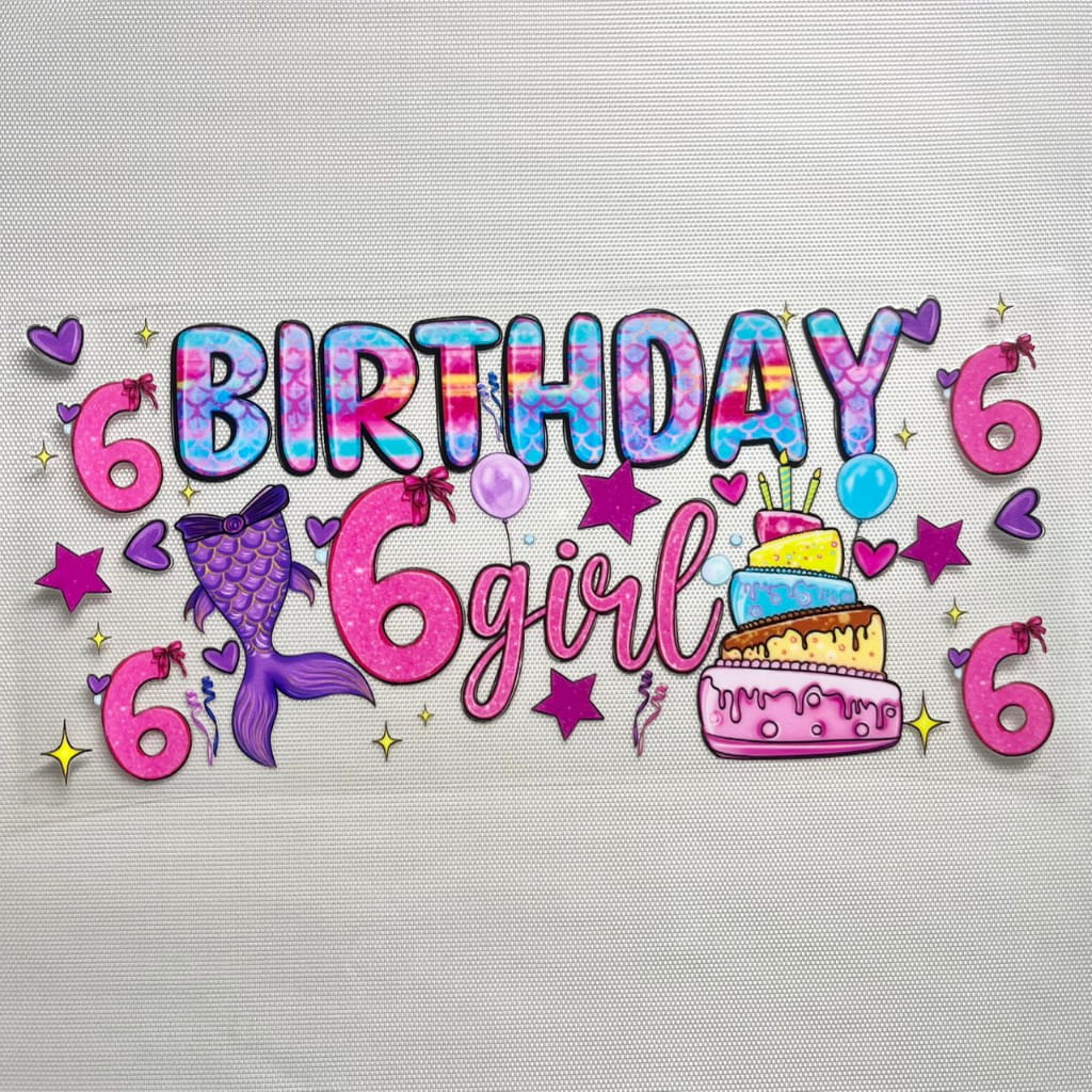 16oz UVDTF Cup Wraps, Cartoon ,Mermaid Happy Birthday Girl ,Age 1- 9