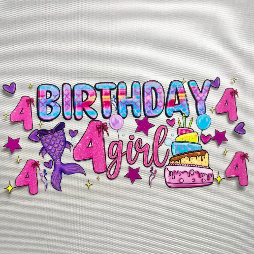 16oz UVDTF Cup Wraps, Cartoon ,Mermaid Happy Birthday Girl ,Age 1- 9