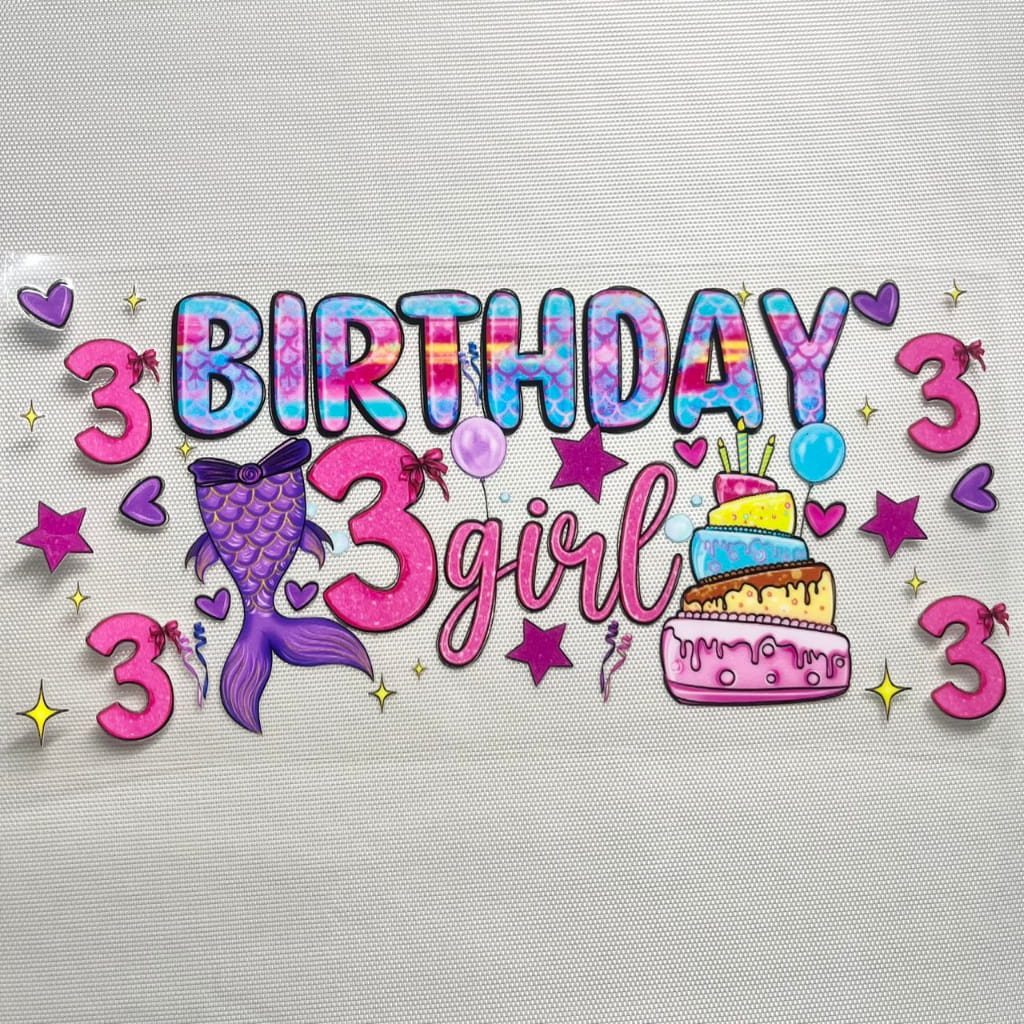 16oz UVDTF Cup Wraps, Cartoon ,Mermaid Happy Birthday Girl ,Age 1- 9