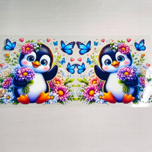 16oz UVDTF Cup Wraps,Animal ,Cute Penguin With Butterfly and Flower