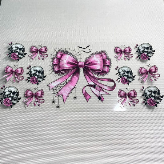 16oz UVDTF Cup Wraps,Halloween ,Spooky Vibes ,Pink Bow With Skull