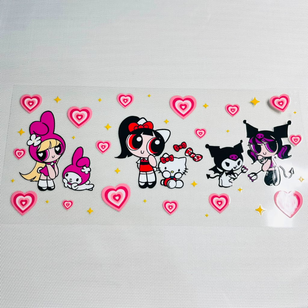 16oz UVDTF Cup Wraps, Cartoon ,Sanrio Family , Hello Kitty & Kuromi & Melody ,Power Puff Girls