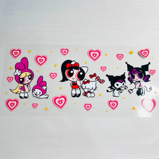 16oz UVDTF Cup Wraps, Cartoon ,Sanrio Family , Hello Kitty & Kuromi & Melody ,Power Puff Girls