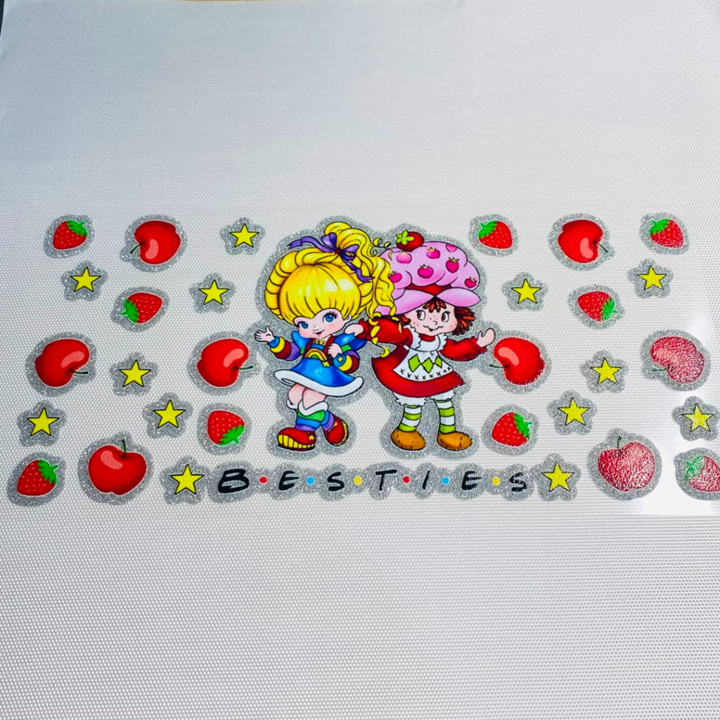 16oz UVDTF Shiny Glitter Cup Wraps, Water Proof ,Cartoon ,Strawberry Shortcake