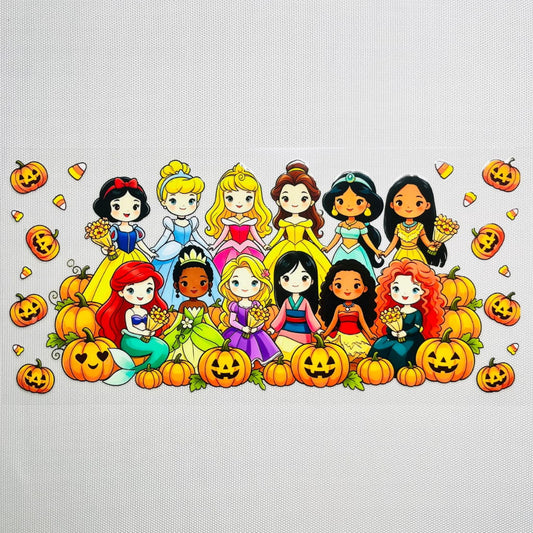 16oz UVDTF Cup Wraps,Fall & Autumn Vibes ,Princess with Halloween Pumpkin