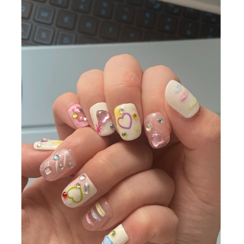 Cute little cream-color nails with Heart Rhinestone ,Colorful Rhinestone,NK