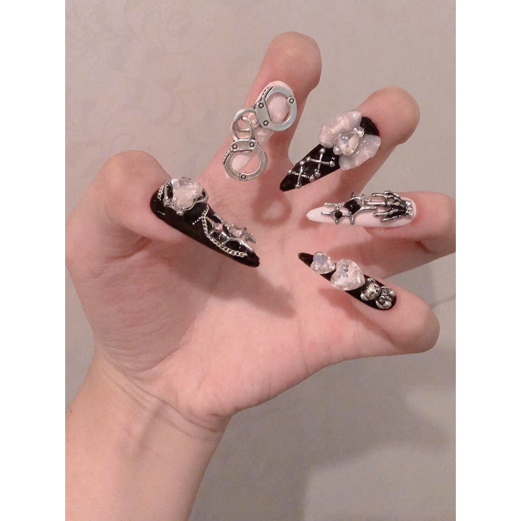 Y2K Black-pink nails with Heart & Handcuffs & Bow & Bear & Star & Skeleton Hands Charms , Long Chain ,NK