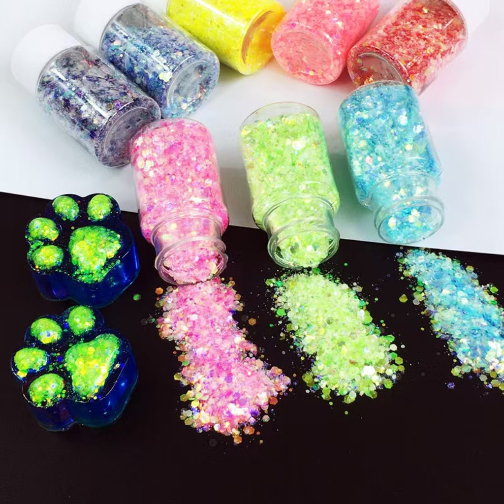 Mixed Fluorescent Laser/Holographic Golden Powder,DIY Luminious Transparent Glitter Sequins,1mm,1 bottle 30ml/1.05floz ,12 Colors