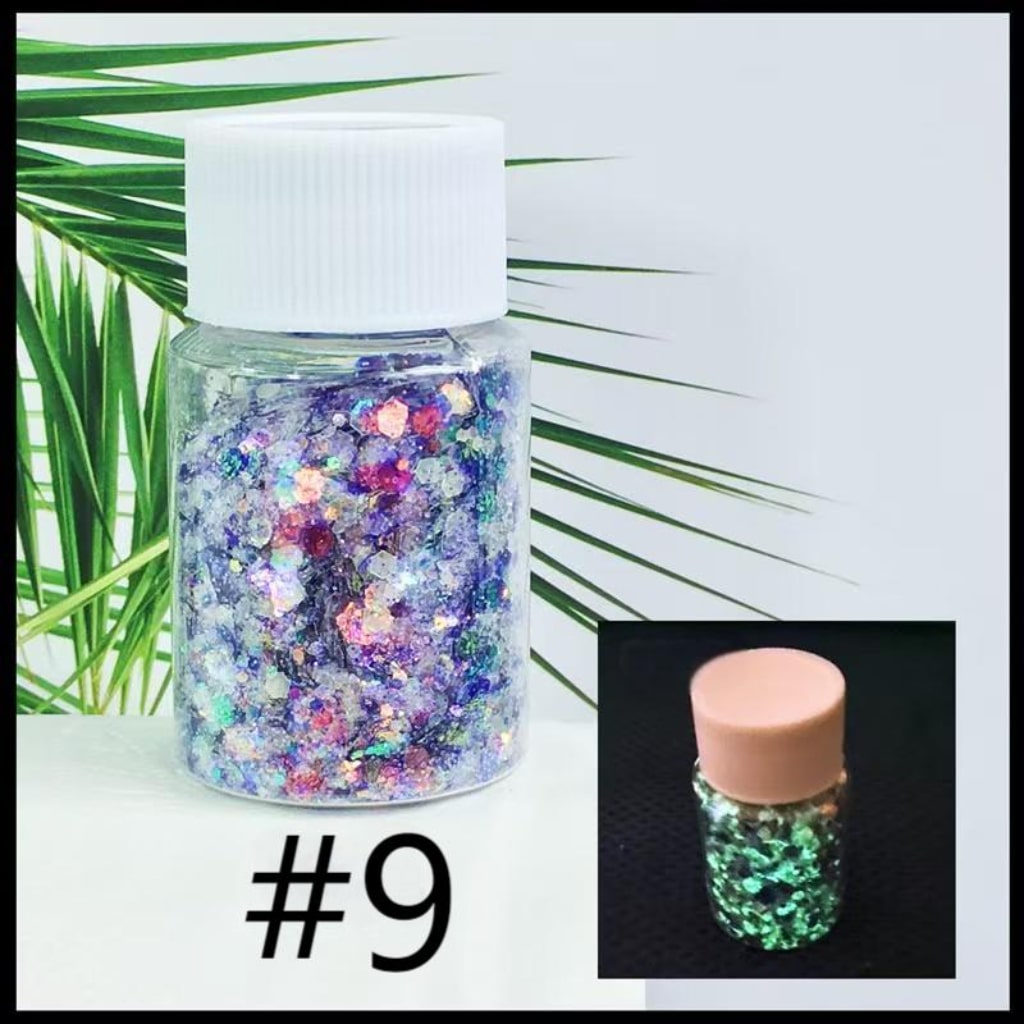 Mixed Fluorescent Laser/Holographic Golden Powder,DIY Luminious Transparent Glitter Sequins,1mm,1 bottle 30ml/1.05floz ,12 Colors