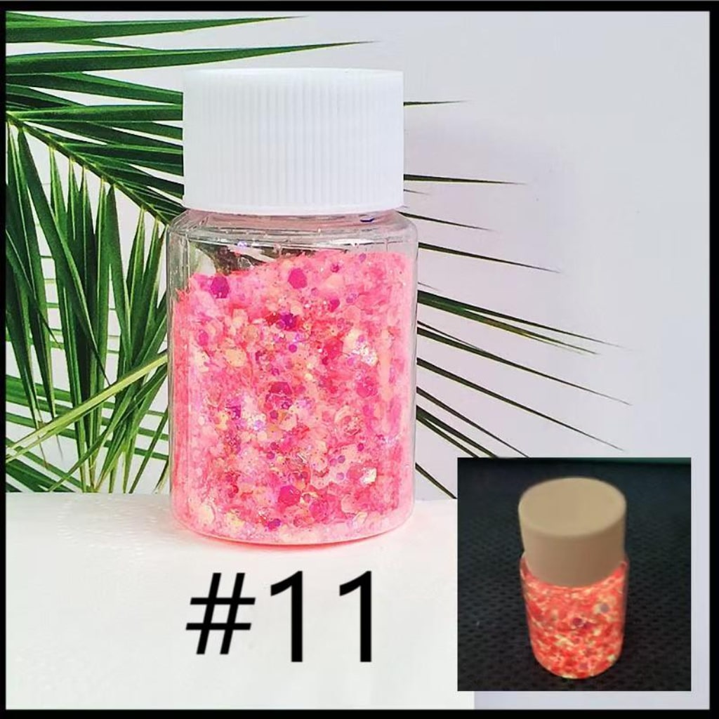 Mixed Fluorescent Laser/Holographic Golden Powder,DIY Luminious Transparent Glitter Sequins,1mm,1 bottle 30ml/1.05floz ,12 Colors