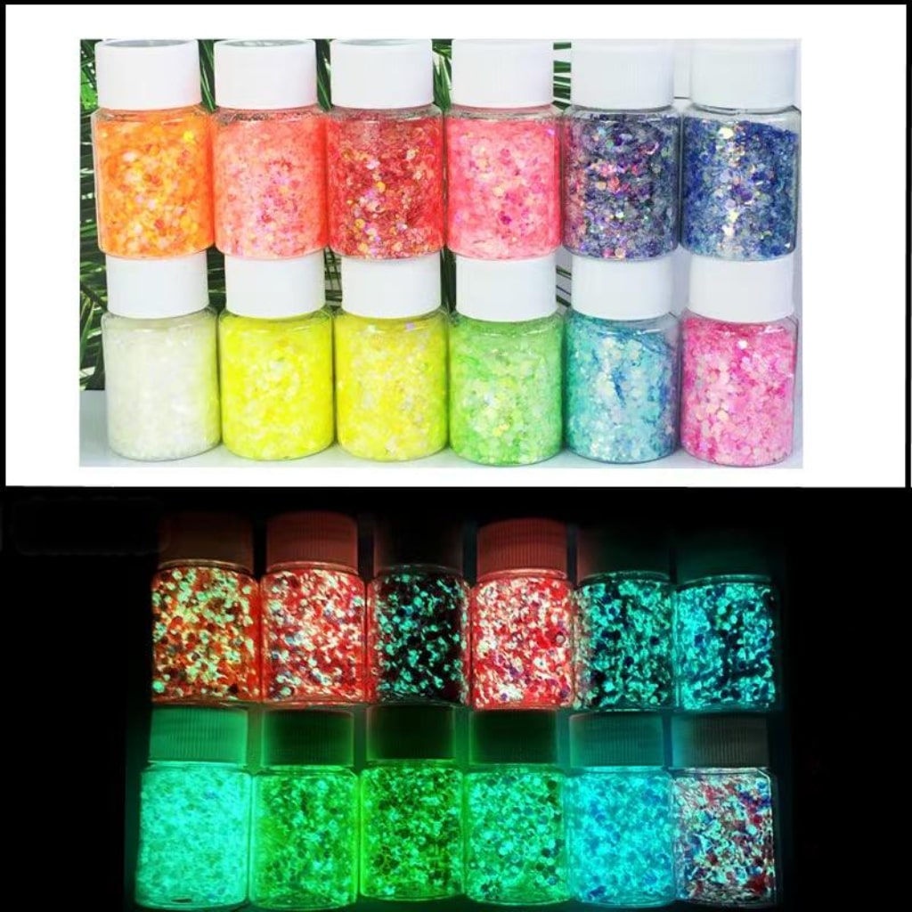 Mixed Fluorescent Laser/Holographic Golden Powder,DIY Luminious Transparent Glitter Sequins,1mm,1 bottle 30ml/1.05floz ,12 Colors