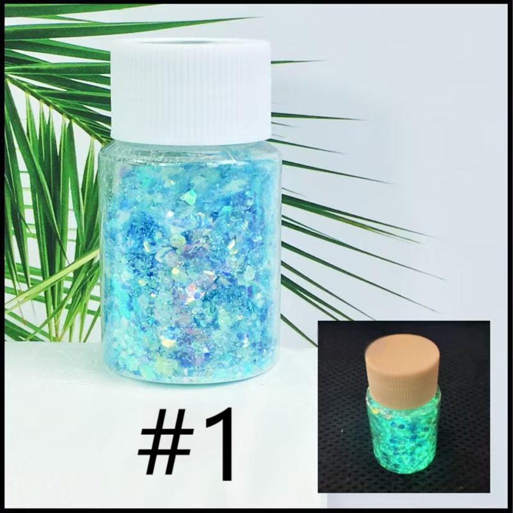 Mixed Fluorescent Laser/Holographic Golden Powder,DIY Luminious Transparent Glitter Sequins,1mm,1 bottle 30ml/1.05floz ,12 Colors