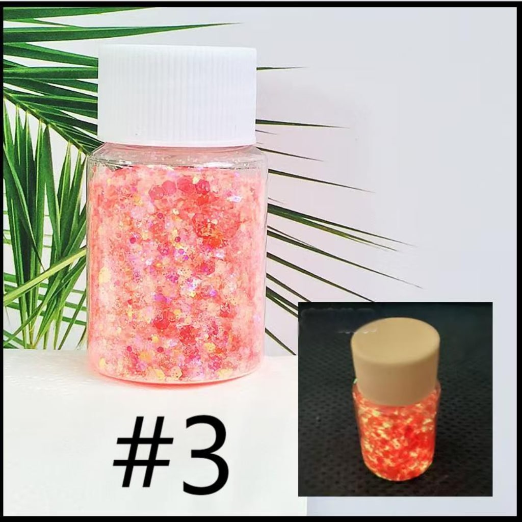 Mixed Fluorescent Laser/Holographic Golden Powder,DIY Luminious Transparent Glitter Sequins,1mm,1 bottle 30ml/1.05floz ,12 Colors