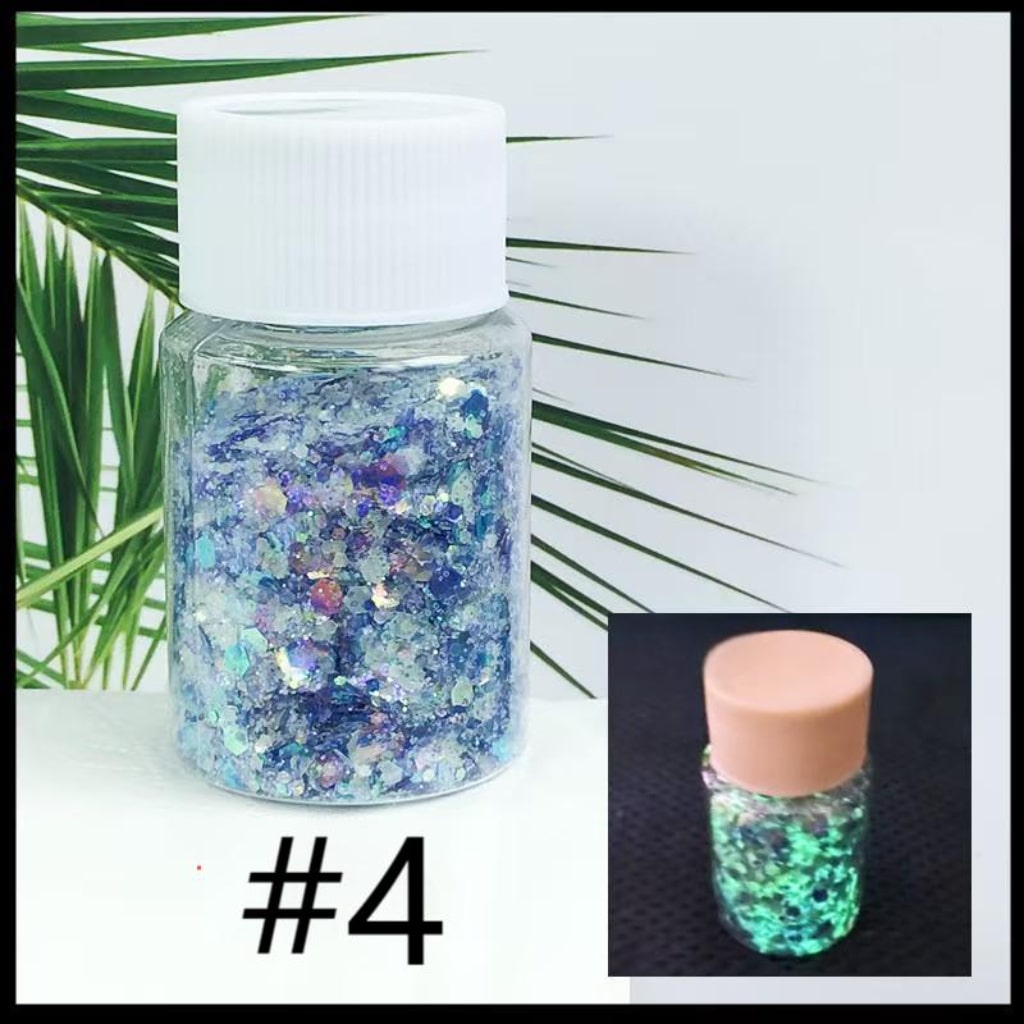 Mixed Fluorescent Laser/Holographic Golden Powder,DIY Luminious Transparent Glitter Sequins,1mm,1 bottle 30ml/1.05floz ,12 Colors