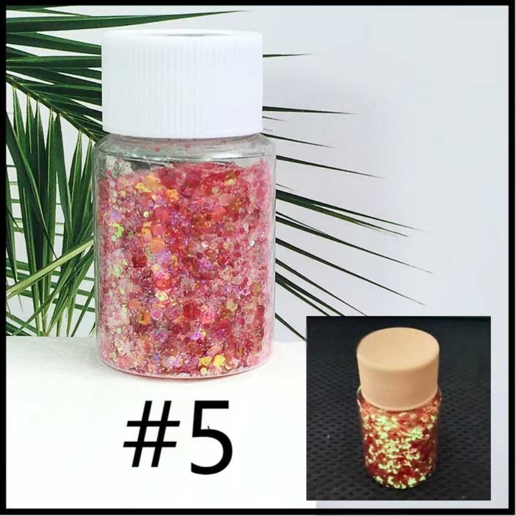 Mixed Fluorescent Laser/Holographic Golden Powder,DIY Luminious Transparent Glitter Sequins,1mm,1 bottle 30ml/1.05floz ,12 Colors