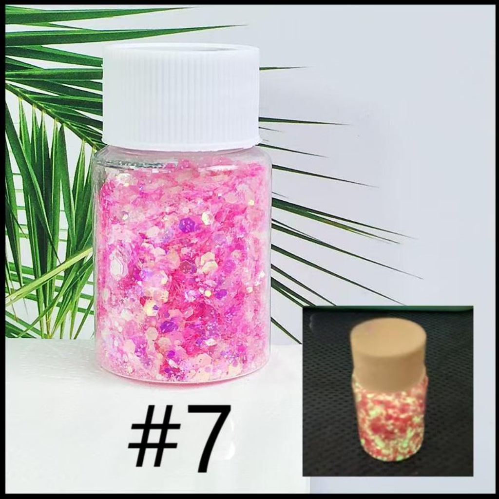 Mixed Fluorescent Laser/Holographic Golden Powder,DIY Luminious Transparent Glitter Sequins,1mm,1 bottle 30ml/1.05floz ,12 Colors