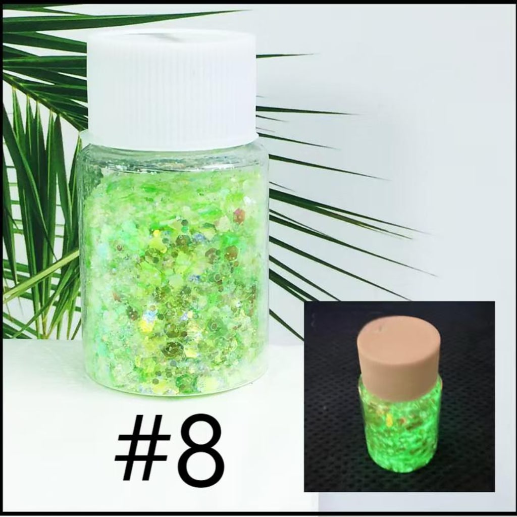 Mixed Fluorescent Laser/Holographic Golden Powder,DIY Luminious Transparent Glitter Sequins,1mm,1 bottle 30ml/1.05floz ,12 Colors